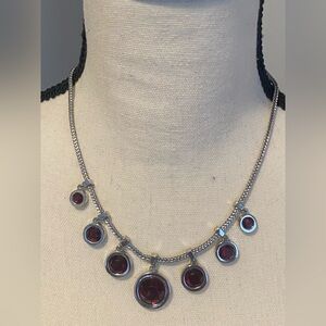 WHBM Necklace Seven Circular Red-Tone Crystals Silver-Tone Bezels Setting